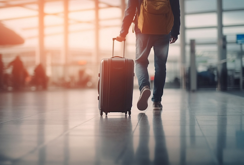 Businessman holding luggage, waiting for airport